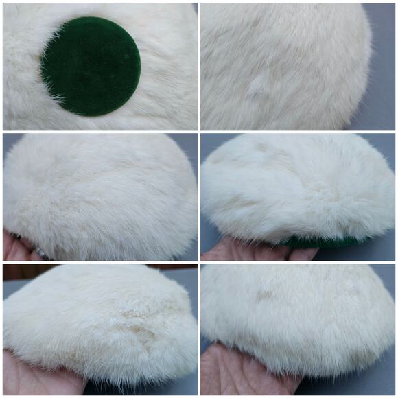 VTG White Rabbit Fur Hat Sonni California Green Velvet Fascinator Elegant 60s - Picture 8 of 10